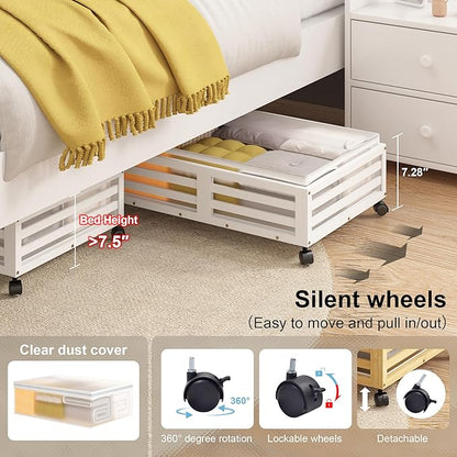 Wisuce Home Under Bed Storage Containers With Wheels - 2 Pcs Bamboo Wood Rolling Underbed Shoe Storage Bins With Dust Bags for Clothes Blankets, Duvet Covers Snacks Toys (White)