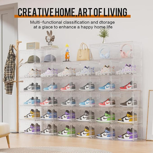 KEFA XL Shoe Storage Box Organizer, 8 Pack Shoe Boxes Clear Plastic Stackable, Sneaker Display Case Container Fit for US 13 (Side 8 PACK CLEAR)