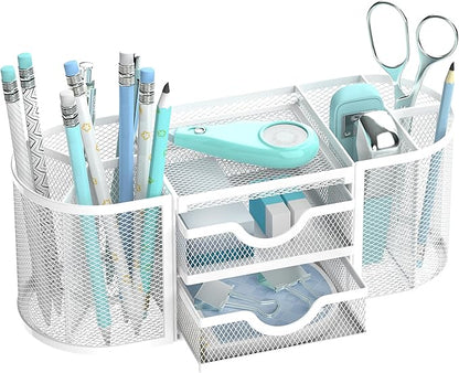 SUPEASY Mesh Desk Organizer, Desk Organizers and Accessories, Pen Holder with Drawers, Pencil Holder for Desk with 2 Drawer for Office Supplies, White