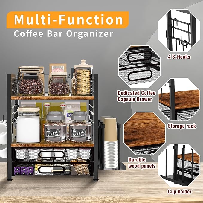 Coffee Bar Organizer - 4 Tier Coffee Station Organizer for Countertop, Coffee Bar Storage with 4 Hooks, with K Cup Storage Drawer and Cup Holder, Multifunctional Shelf for Accessories Kitchen