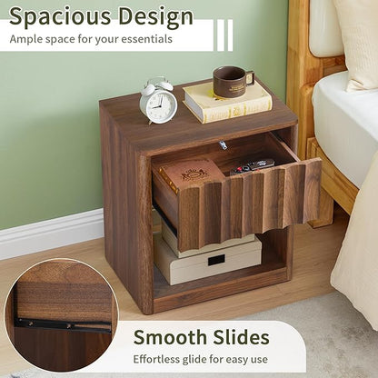 Bifins Fluted Dresser, Small Nightstands Set of 2, Walnut Bedside Table with Drawer and Storage, Mid Century Modern Side Table for Bedroom Sofa