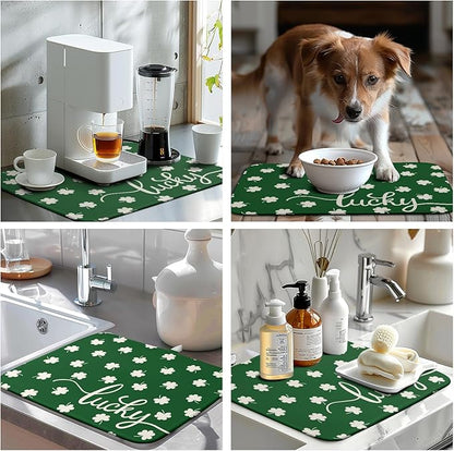 Wnoesat St Patrick Shamrock Drying Mat for Kitchen Counter Green White Lucky Clover Drying Dish Mat St Patricks Day Absorbent Microfiber Dish Drying Pad Reusable Dry Mat 16 x 18 Inch