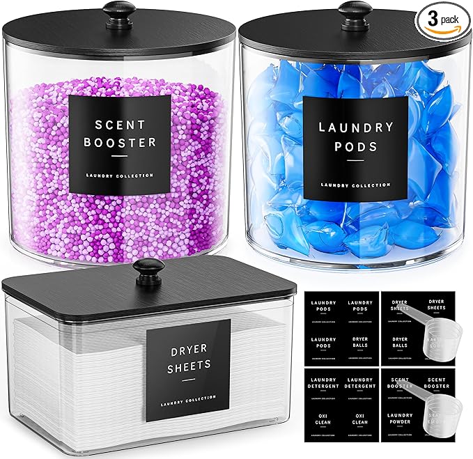 3 Pack Laundry Pods Container, Clear Laundry Room Organization Containers,Large Acrylic Detergent Powder Storage Containers Black Wooden Lids & Labels, Dryer Sheet Holder