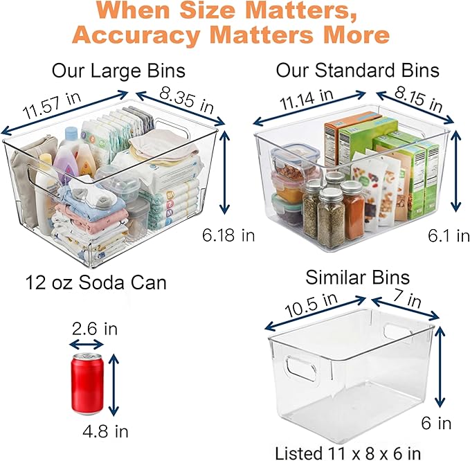 MOONEDGE Large Clear Plastic Storage Bins 6 Pack, 12" x 8" x 6" Durable Organizers for Kitchen, Pantry, Freezer, Closet & Bathroom – Food Safe, Easy to Clean, Perfect for Expanding Household Storage