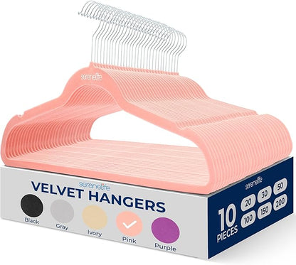 SereneLife 10 Pack Velvet Hangers - Non-Slip with 360° Swivel Hook - Ultra-Thin, Lightweight Velvet Hangers for Shirts, Sweaters, Hoodies, Kids Clothes & Dresses - Space-Saving (Pink)
