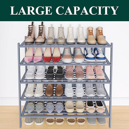 Smiry Long Bamboo Shoe Rack 5-Tier, Stackable Wooden Shoe Organizer for Entryway & Closet, Free Standing Wood Shoe Storage Shelf for Front Door & Small Spaces, Grey