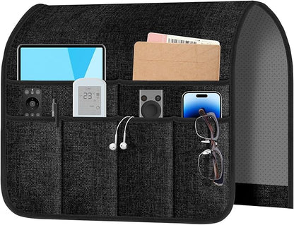 Meeall Armchair Caddy & Remote Control Holder for Couch & Recliner | Non-Slip Armrest Organizer with 6 Pockets for TV Remote, Phone, Tablet, Magazine & More, 19 x 35 Inches, Black