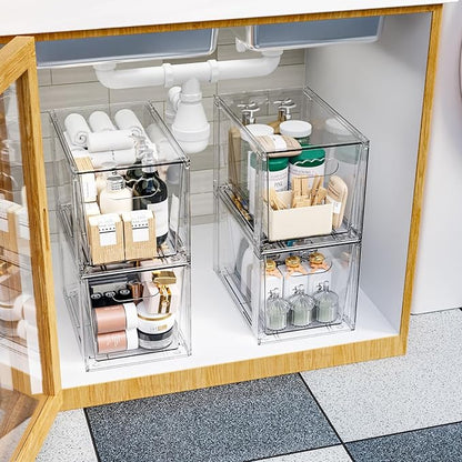 SUOXING 4 Pack Clear Stackable Storage Drawers,7.3″ High Large Baby Bottle Organizer,Bathroom Closet Organizers and Storage,Acrylic Storage Containers and Home Edit Organizer Bins for Cabinets,Pantry