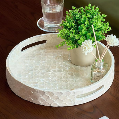 12.6 Inch Capiz Round Decorative Tray, Decorative Serving Tray with Handles for Coffee Table, Kitchen Counter, Bathroom Vanity or Dining Table Centerpiece Tray, Modern Farmhouse Decor