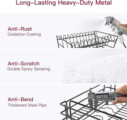 BOOSINY 2 Tier Black Large Stainless Steel Dish Drainers Drying Rack for Kitchen Counter with Drainboard, Rust Proof Metal, Space Saving, Modern Aesthetic, Compact Plates Strainers with Extra Mat