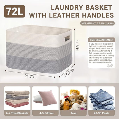 72L Large Laundry Basket with Leather Handles for Living Room Storage, Woven Rope Baskets Bin for Blanket, Kids Toy, Gifts, Wicker Hamper for Bedroom Dirty Clothes, 22"x17"x12" Gradient Grey