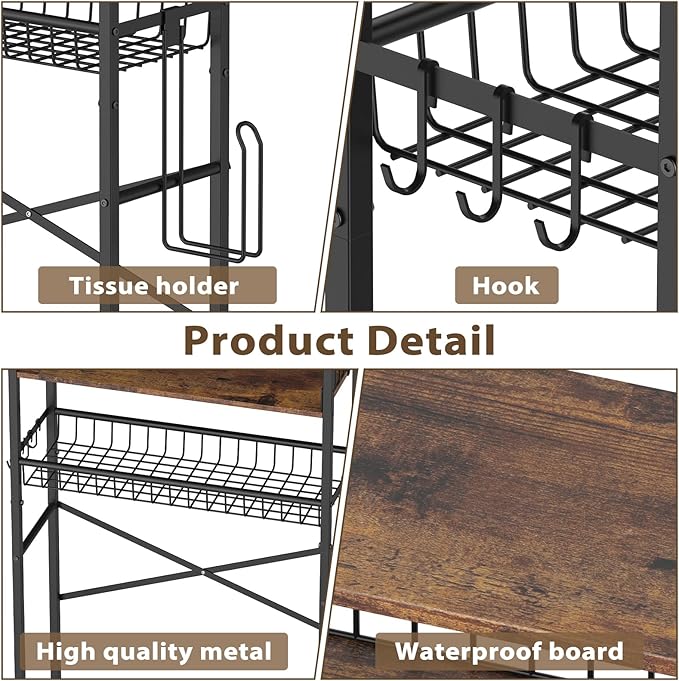 CooFel Over The Toilet Storage Rack, 4-Tier Bathroom Organizer Shelf with Paper Holder & 4 Hooks, Adjustable Metal Shelves Over Toilet for Small Spaces, Brown