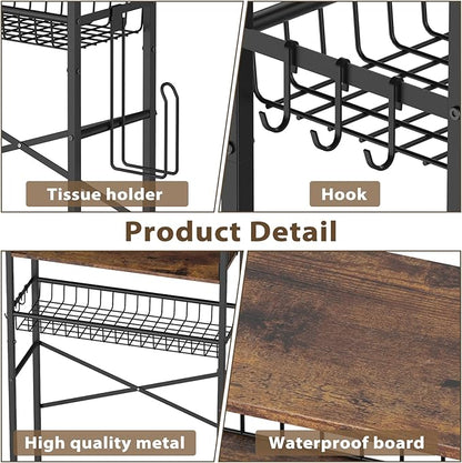 CooFel Over The Toilet Storage Rack, 4-Tier Bathroom Organizer Shelf with Paper Holder & 4 Hooks, Adjustable Metal Shelves Over Toilet for Small Spaces, Brown
