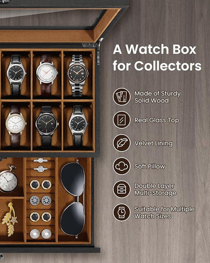 Uten 12-Slot Watch Box, 2-Layers Solid Wood Watch Display Case with Glass Lid, Watch Holder Organizer with Soft Pillow and Velvet Lining, Watch and Jewelry Storage Box