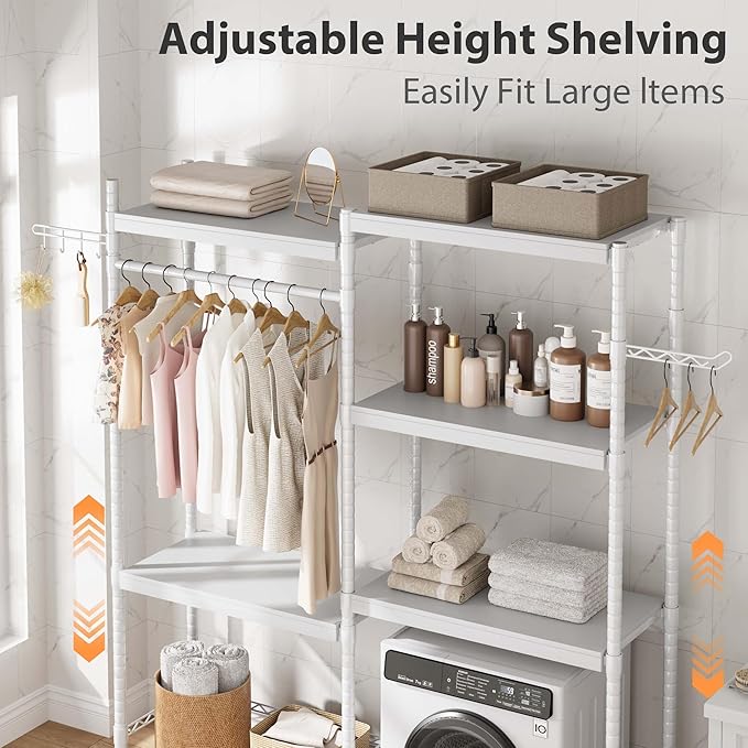 30" 5-Tier Over Washer Dryer Storage Shelf, Adjustable Laundry Room Shelves Organizer with Hanging Rod Hooks, Laundry Folding Station Rack for Top Load Machines, White