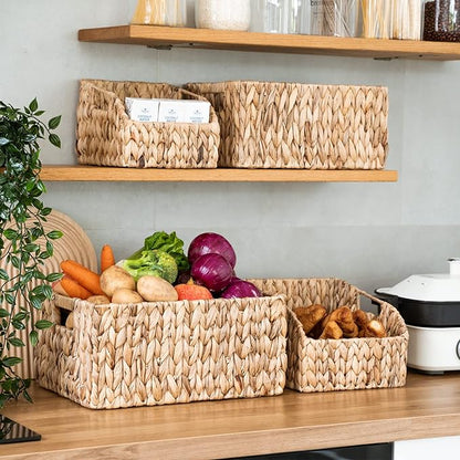 FairyHaus Wicker Baskets 15x11x7 & 13.4x9.5x6.5, 2 Pack Handmade Big Wicker Storage Basket with Handles, Natural Water Hyacinth Wicker Baskets for Storage Shelves Organizing, Rectangle Wicker Basket