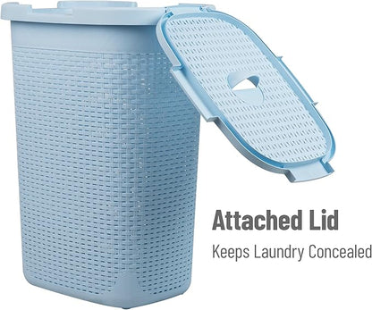 Mind Reader Slim Laundry Hamper with Lid, 60L Clothes Basket, Premium Wicker Design, Plastic, Baby Blue