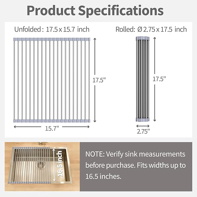 TYZUIAW Roll Up Dish Drying Rack for Over Sink - 17.5"x15.7" Foldable Stainless Steel Kitchen Drainer,Gray