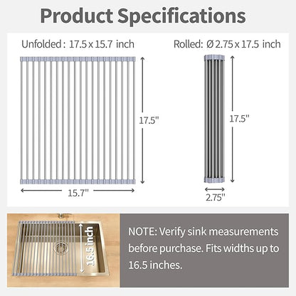 TYZUIAW Roll Up Dish Drying Rack for Over Sink - 17.5"x15.7" Foldable Stainless Steel Kitchen Drainer,Gray