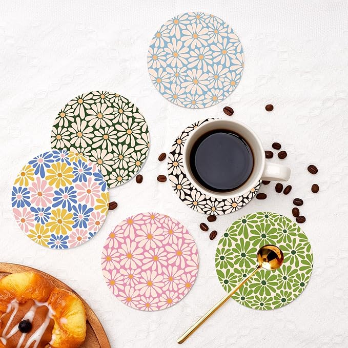 SHIYUE 6 Pack Flower Coasters with Holder, Absorbent Ceramic Coasters, Drinks Coffee Table Home Decor Housewarming Gift, 4 Inches(Colorful)