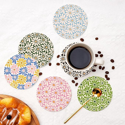 SHIYUE 6 Pack Flower Coasters with Holder, Absorbent Ceramic Coasters, Drinks Coffee Table Home Decor Housewarming Gift, 4 Inches(Colorful)