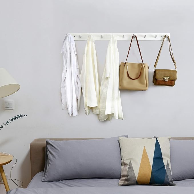 WEBI Coat Rack Wall Mounted,10 Hooks,38" Long Coat Hanger Wall Mount,Peg Rail Hat Hooks for Hanging Caps,Jacket,Clothes,Coats,White,2 Packs