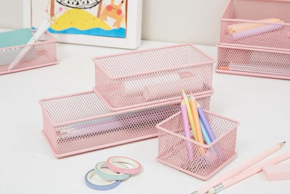 Annova Mesh Stackable Drawer Cabinet and Shelf Organizer Bins Storage Basket School Office Supply Holder Tray- Set of 2 (Light Pink, 3x12x2 Inch)