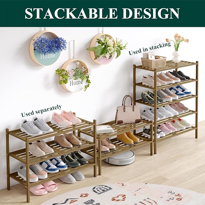Smiry Bamboo Shoe Rack 5-Tier, Stackable Wooden Shoe Organizer for Entryway & Closet, Free Standing Wood Shoe Storage Shelf for Front Door & Small Spaces, Walnut