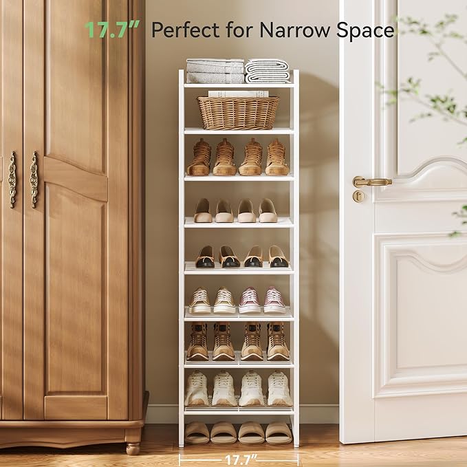 Narrow Shoe Rack, 8-Tier Metal Shoe Organizer,Tall Shoe Shelf with Anti-Tip Strap, Max Holds 18 Pairs,Space Saving for Closet,Entryway,White