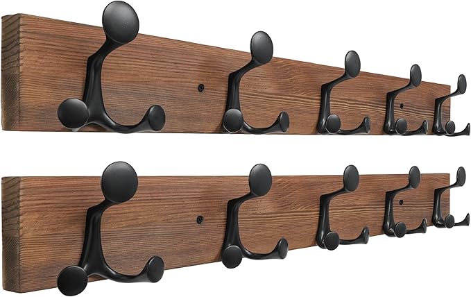 SKOLOO 30-Inch Wood Coat Rack Wall Mount with 5 Triple Hooks - Ideal for Family Entrances, Classrooms, and Pet Supplies Storage - Perfect Coat Hooks for Wall,Charred Golden Brown, Pack of 2