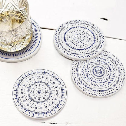 AD Set of 6 Coasters for Drinks Absorbing Round Ceramic Stone Coaster with Cork Base,Tabletop Protection Mat for Mugs and Cups,Office,Kitchen (Nordic Blue)