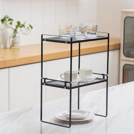 2Pack Kitchen Cabinet Shelf Counter Organizer Rack Pantry Storage Bathroom Bedroom Office Table Desk Space Saving Stackable Rust Resistant Non Slip Black Tall Wide L13.1in W10.6in H9.5in