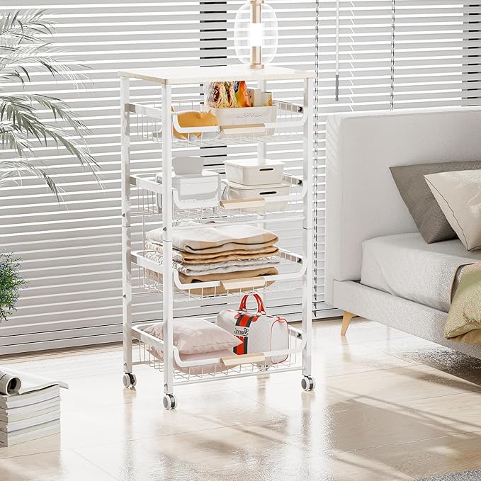 JAQ Fruit Basket for Kitchen, 5-Tier Slide Out Storage Baskets Carts Organizers Drawers with Wood Top Table with Rolling Wheels for Snacks Vegetables Vianderos Para Cocina Modernos (White, 5 Layer)