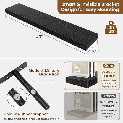 fuqing Floating Shelves for Wall, Wall Mounted Wood Floating Shelf with Invisible Brackets for Living Room, Bathroom, Bedroom, Kitchen Storage and Decor, 40 Inch Set of 2, Black