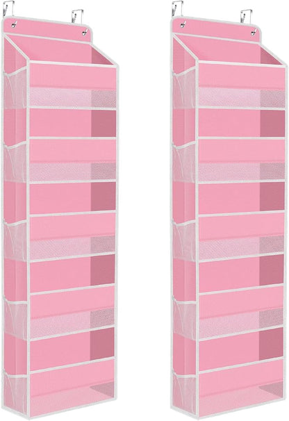 2 Pack Over The Door Organizer Hanging Storage Organizers with Clear Window 40lb Large Capacity Room Organizer for Pantry Laundry Bathroom Nursery Closet(Pink)