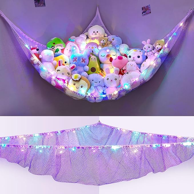 Unicorn Castle Stuffed Animals Net or Hammock Kids Toy Storage Organizer with LED Light Hanging Corner Stuffed Animals Holder Kids Girls Room Decor,Purple,Large (Pack of 1)