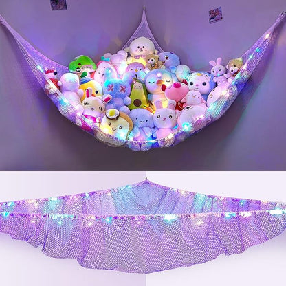 Unicorn Castle Stuffed Animals Net or Hammock Kids Toy Storage Organizer with LED Light Hanging Corner Stuffed Animals Holder Kids Girls Room Decor,Purple,Large (Pack of 1)