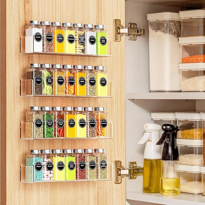 Wall Mounted Acrylic Spice Rack 2 Pack, 12 Inch Clear Pantry Door Organizer, Floating Spice Organizer, Adhesive or Screw Mounted Cabinet Seasoning Shelf