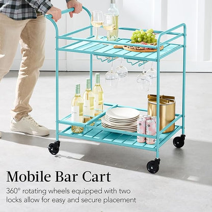 Best Choice Products Rolling Bar Cart, Mobile Home Bar Serving Cart, Serving Station w/ 2 Tier Shelves, Wine Rack, Lockable Wheels - Teal
