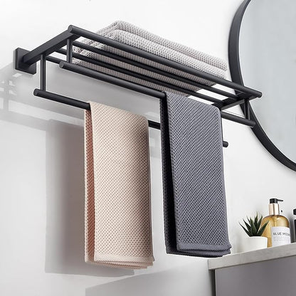 Towel Rack for Bathroom 24 Inch Wall Mounted Towel Rack Matte Black Towel Shelf with Double Towel Bar SUS304 Stainless Steel Towel Holder for Bathroom Wall Hotel Towel Rail