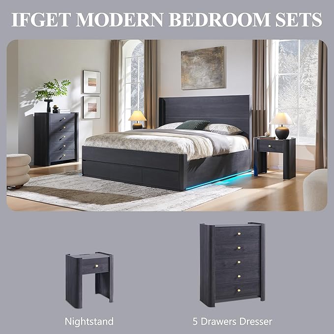 IFGET 23.6" Tall Modern Nightstand with Charging Station, 22" Wide Curved Bedside Table with 1 Storage Drawer, Wooden Night Stand, Large End Table for Bedroom, Living Room, Dark Grey