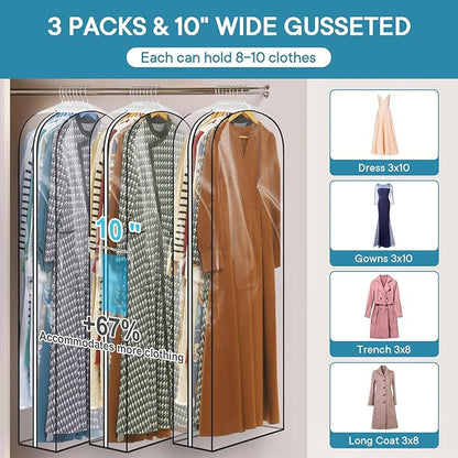 60" Clear Garment Bags for Hanging Clothes, 10" Gusseted Dress Bags with Side Zipper for Gowns and Women's Coats, Long Dress Covers, 3 Pack