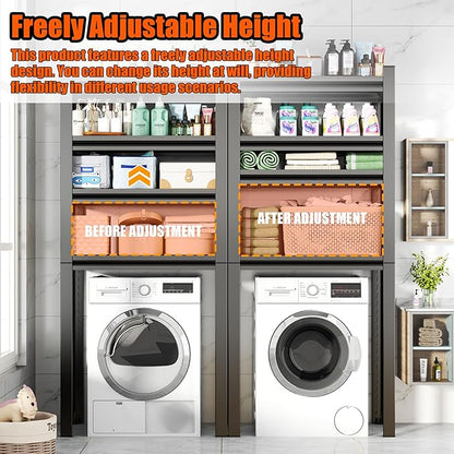 Over Washer and Dryer Shelves,5 Tier Expandable Washer and Dryer rack,Laundry Room Storage Over Toilet Washing Machine and Dryer Storage Rack Bathroom Organization,77.4"H*39.4"W*15.7"D,BLACK