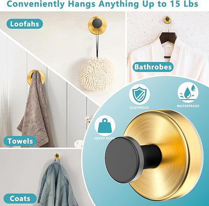 Epritliber Suction Cup Hooks for Shower,Wreath Hanger for Front Door,Removable No Drill Towel Loofah Hooks,Upgraded 15 lbs Strong Suction for Bathroom,Wall,Glass,Stainless Waterproof-Black Gold 4 Pcs