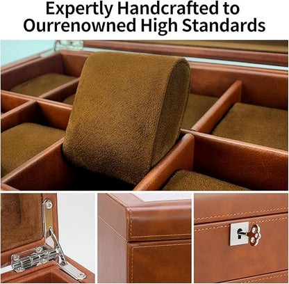 HELMDY Leather Watch Box with Drawer-10 Slots Locking Jewelry Watches Holder for Men-Luxury Watch Case Display Organizer-2 Tier Organizer Watch Showcase-Storage Case