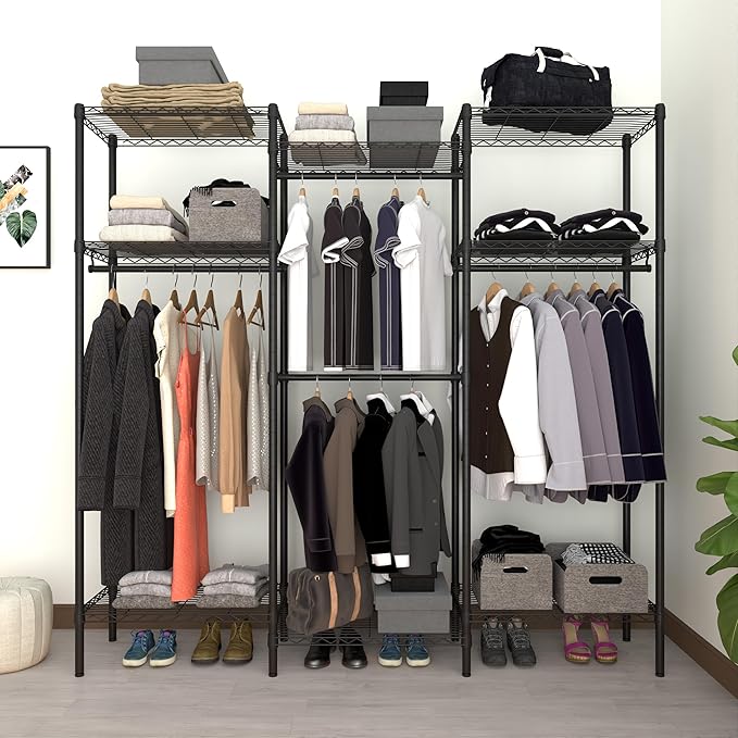 Heavy Duty Garment Rack,Freestanding Clothing Rack with 4 Hang Rods & 8 Shelves,Adjustable Closet Racks,68.5" L x 13.8" W x 75.2" H, Max Load 800LBS, Black