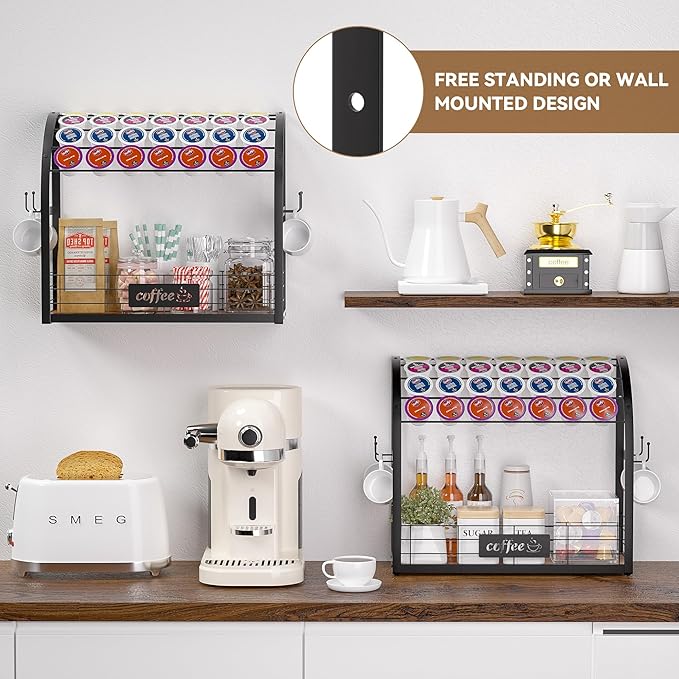 Metal K Cup Holder, 2 Tier Coffee Bar Organizer with 4 Coffee Mug Hooks, Multi-functional Countertop Coffee Station Tray Wooden K Cup Organizer - Black