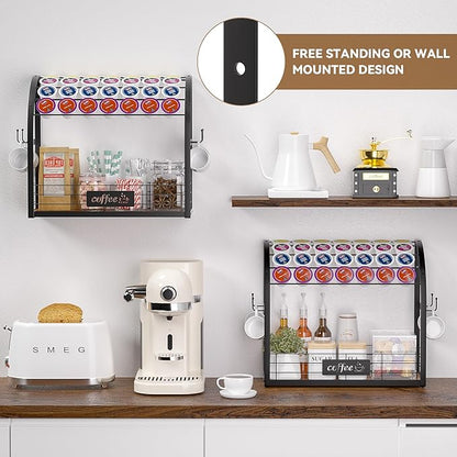 Metal K Cup Holder, 2 Tier Coffee Bar Organizer with 4 Coffee Mug Hooks, Multi-functional Countertop Coffee Station Tray Wooden K Cup Organizer - Black