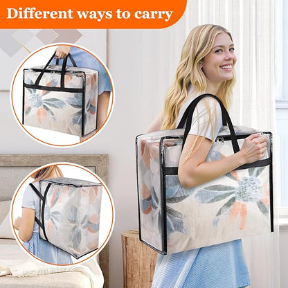 TasticTotes 4 Pack Clear Storage Bags for Comforter, Clothes & Bedding, Plastic Blanket Storage with Zipper and Handle, Moving Bags, Closet Organizer and Under-Bed Storage (40L)