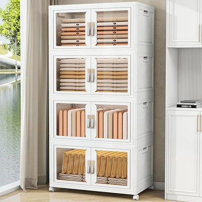 Vavkorkula Large Stackable Storage Bins with Lids, 440QT-110QT*4Tier Foldable Cabinet for Closet Organizers, Plastic Storage Containers Box with Wheels